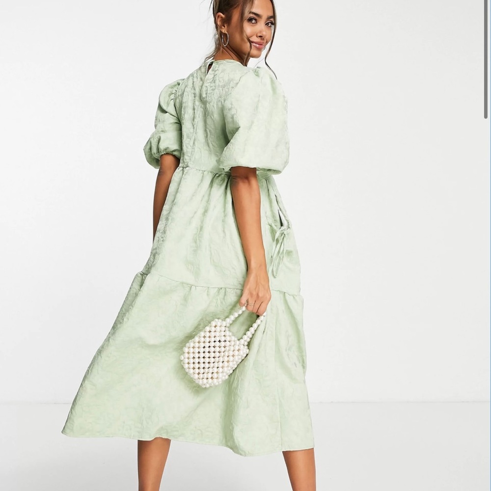 ASOS DESIGN Jacquard Tiered Midi Dress Sage Green - Picture 4 of 4